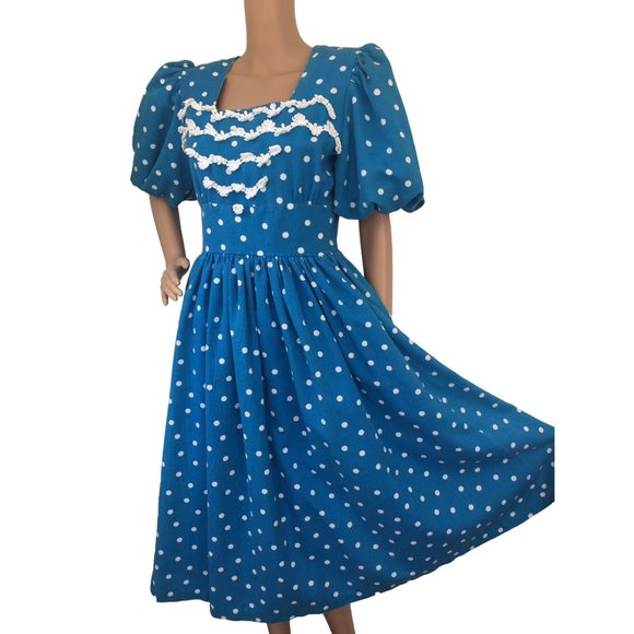 Blue Polka Dot Dress 80s Retro Open Back Cotton S - Picture 4 of 8